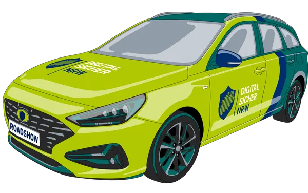 Illustration eines farbenfrohen Autos mit dem Aufdruck „Digital Sicher NRW“ und „Roadshow“.